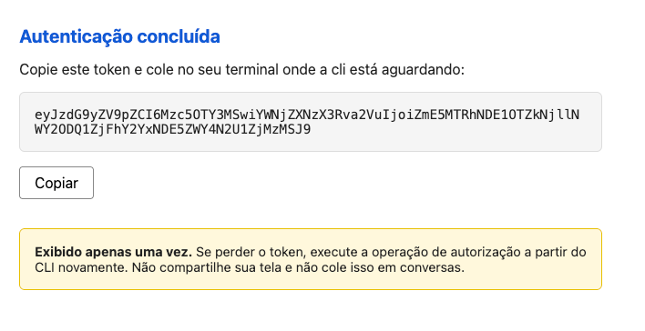 Token de acesso à API Pública exibido após a autorização bem-sucedida
